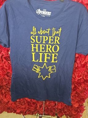 Avenger Navy Blue Tee with Yellow Superhero Graphic Saying